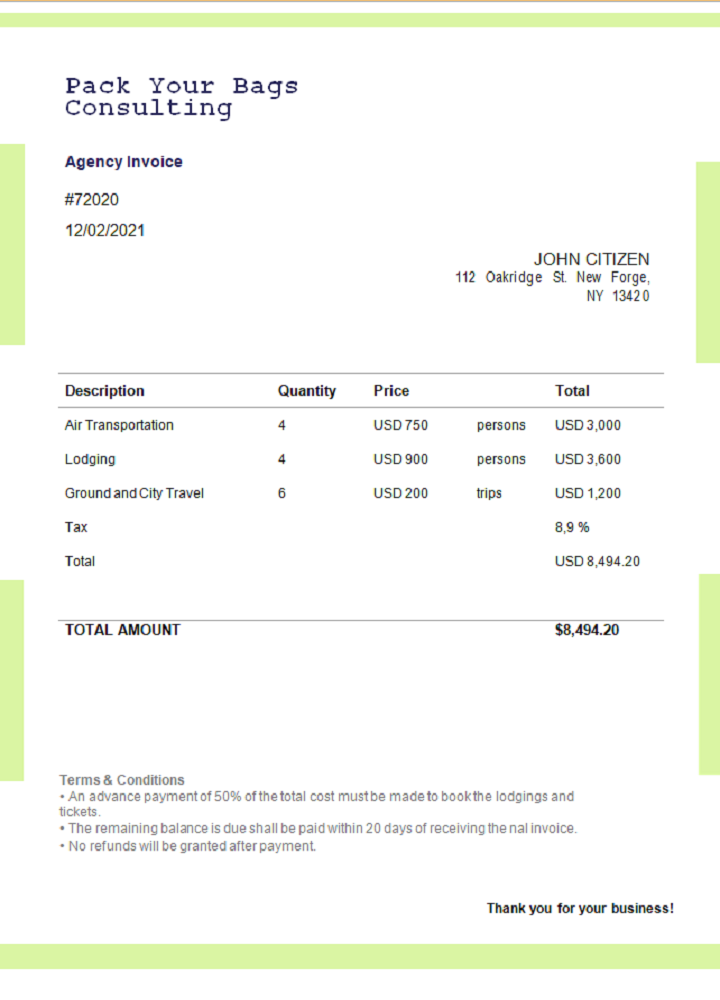 USA Pack Your Bags Consulting invoice PSD template